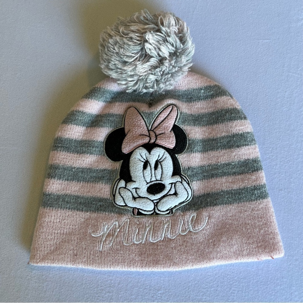 Disney Minnie Mouse Striped Grey and Pink Beanie Size 2T-5T